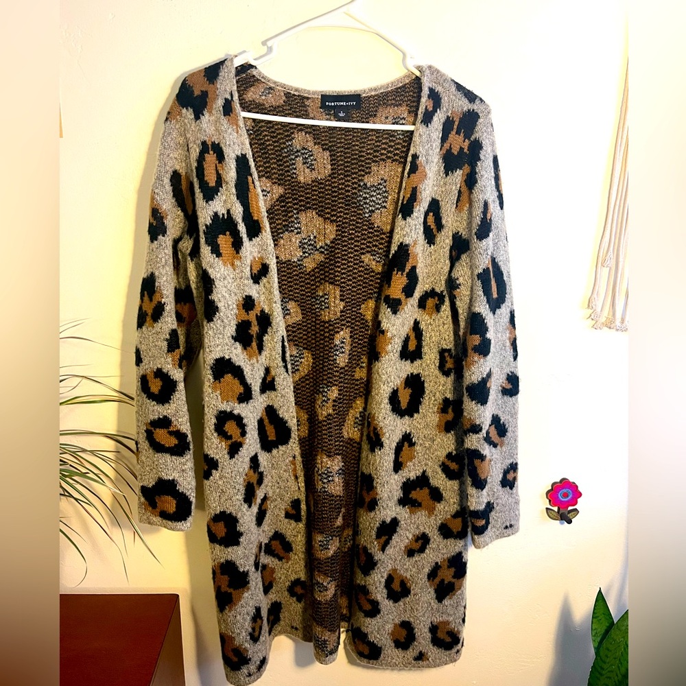 Leopard Print Open Front Relaxed Fit Cardigan Sweater